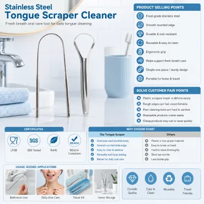 Custom Logo Wholesale Stainless Steel Tongue Scraper for Fresh Breath OEM ODM Reusable Easy Clean Oral Hygiene Tongue Cleaner