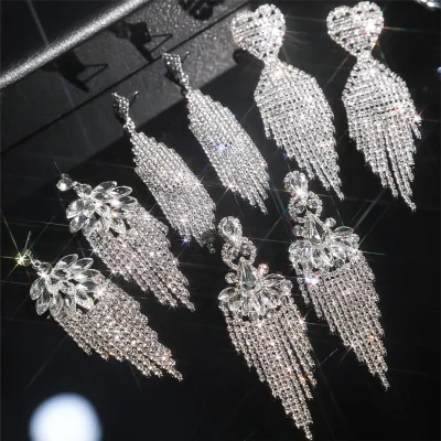 Luxurious Elegant Full Diamond Long Tassel Earrings European American High-End Fashion Stud for Women Cross-Border Source Brass