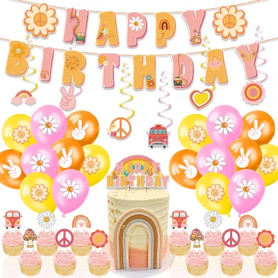 Little Daisy Themed Parties Decorate with Spiral Hanging Birthday Flags Latex Balloon Cake Placards Birthday Decorations