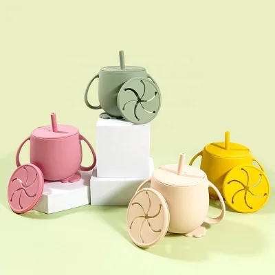 Custom Logo Baby Training Sippy Cup With Lid Portable Traveling Silicone Straw Handle Cup for Children