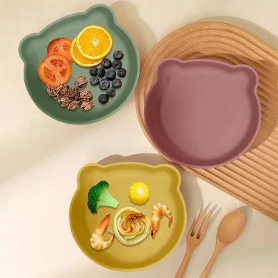 Cross-Border Best-Selling Silicone Cartoon Bear Dinner Plate Baby Non-Slip Drop-Resistant Feeding Plate Infant Dining