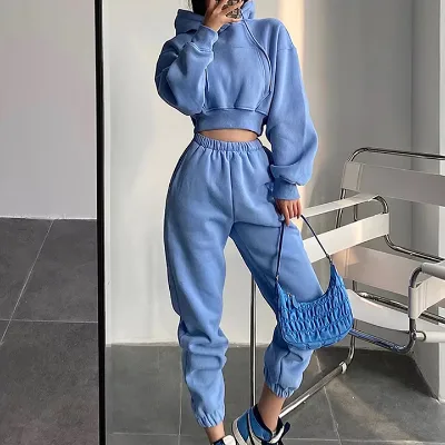 Custom logo Women French Terry Fleece 350gsm Crop Top Knit Joggers Workout Fitness Elastic Casual Hoodie