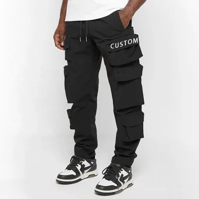 Mens Trousers with 6 Side Pockets Custom Embroidery logo Nylon Fabric Loose Streetwear Cargo Pant for Men