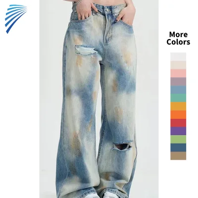 High Street Custom Low Rise Distressed Ripped MensJeans Hip hop Spay Dirty Baggy Stacked Denim Trousers