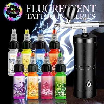 Professional Fluorescence Tattoo Ink Kit With Airbrush Spray Gun 3-5 Days Durable Quick Dry UV Glow for Rave Party Body Art