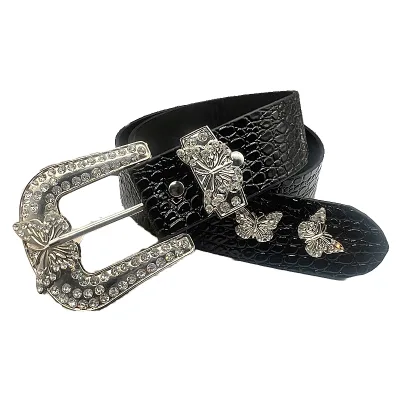 Wholesale High Quality Crystal Crocodile Pattern Leather Belt for Women Diamond Rhinestone Western Sparkle Belts