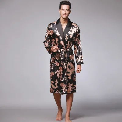 Breathable Men's Silk-like Satin Long Sleeve Bathrobe External Wear Pajamas Home Clothes Wholesale