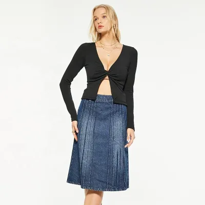 Autumn Black Sexy Deep V Long-sleeved Top and Denim Skirt Suit Casual V-neck Sets