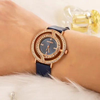 Quartz Digital Wristwatch for Women Retro Style Mini Dial with Rhinestones Casual Leather Strap Alloy Case 18mm Band Width