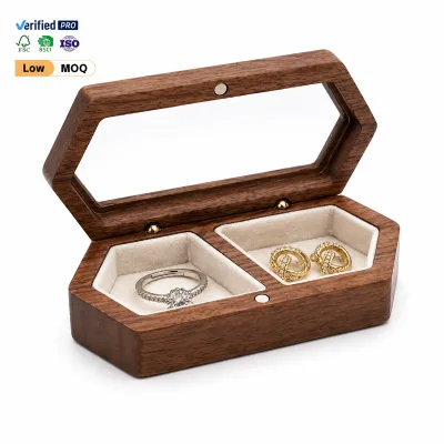 Luxury Handcrafted Hexagonal Walnut Wood Ring Box Personalized 2-Slot Jewelry Organizer with Velvet Lining Gift