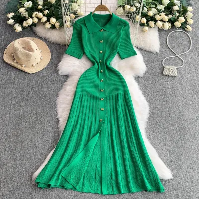 Chic Fashion Elegant Patchwork Knitted Maxi Dress 2026 Summer Lady Turn-down Collar Shirt Sweater Dress Party Vestidos