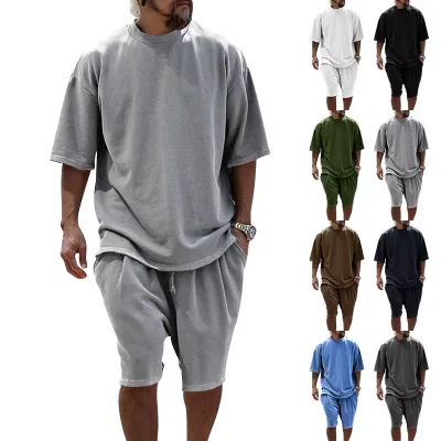 2 Piece Set Custom 100% Coton Acid Wash Oversized T-shirt and Shorts High Quality Vintage Streetwear Men's t Shirt and Shorts