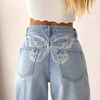 Women's High Waist Printed Cowboy Jeans Cross-Border Foreign Trade Wide Leg Vintage Cotton Ripped Summer Washable Eco-Friendly