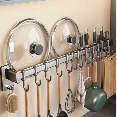 Gun Gray Hole-Free Kitchen Hook Rack Hanging Rod Wall-Mounted Multi-Functional Kitchen Utensil Rack Spoon Shovel Storage Rack