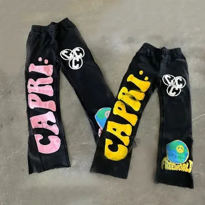 Very Big Custom Designs Distressed Embroidery Sweat Pants High Quality Vintage Stone Wash Flare Pants