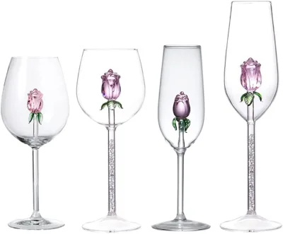 Lead Free Champagne Flutes Crystal Glasses with pink Rose Flower Glass Inside Wine Stemware Clear for Wedding Toasting Christmas