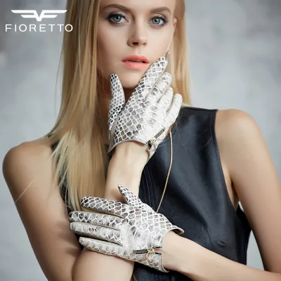 Fashion Embossed Snake Genuine Leather Gloves for Women Driving Leather Gloves Touchscreen Punk Rock Zipper Design