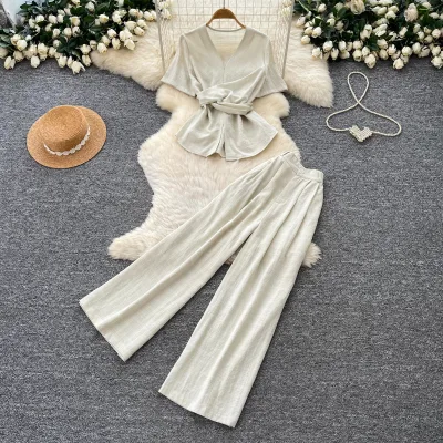 Women Summer Casual Vacation 2 Piece Set V Neck Short Sleeve Twist Knot Waist Top High Waist Wide Leg Pants Matching Outfit