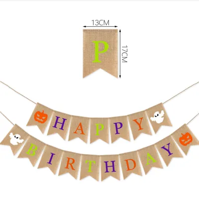 Halloween Happy Birthday 100% Jute Fabric Hanging Banner for Party