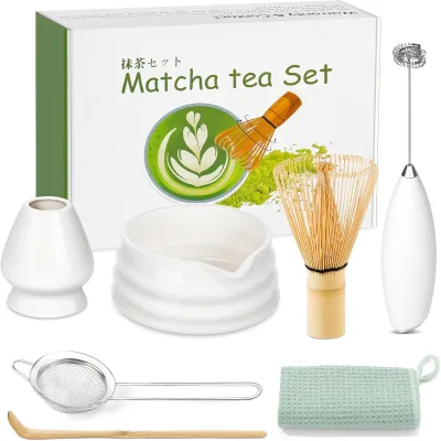 White 7-Piece Matcha Whisk Set Japanese Ceramic Macha Kit Chawan Spout Bowl Bamboo Brush Chasen Holder Powder Starter Tea Tea