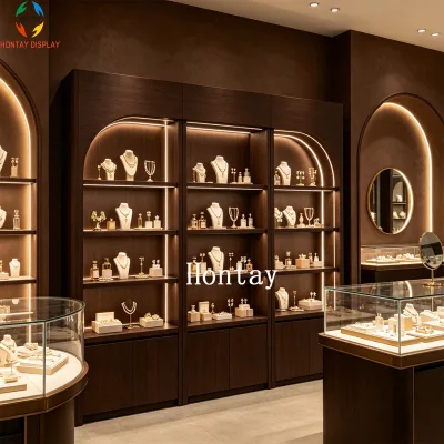 Bespoke Eco-Friendly Retail Display Shelving with LED Lighting Arch Design Open Shelves for Jewelry Handbag Fashion Accessories