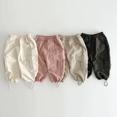 Spring Autumn Kids Unisex Cotton Solid Drawstring Cargo Baby Pants