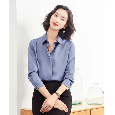 Autumn Button Solid Stand Collar Anti-Wrinkle 100% Polyester Women's Business Office Blouse Chiffon Shirt