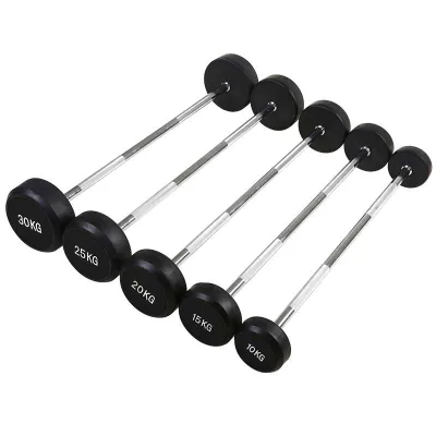 10-50KG Rubber Coarted Cast Iron Fixed EZ Curl Straight Barbell for Home Gym Weightlifting Exercise Equipment