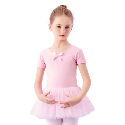 Pink Short - Sleeve Ballet Dress, Cross - Back & Bow Tulle Skirt. Waist - enhancing. Great for Ballet Practice & Performances