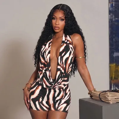 BR6670 Women's Spring Summer Halter Deep V-Neck Backless Strappy Printed Top High-Waist Bodycon Set
