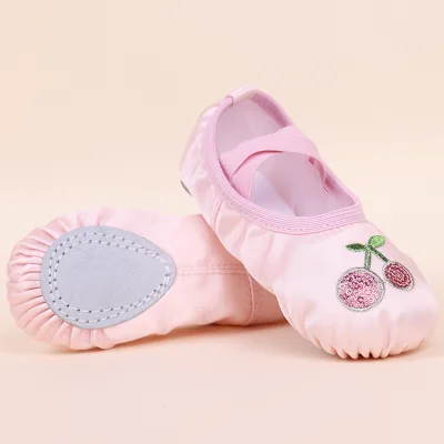 Kids' Pink Satin Ballet Shoes with Cherry Embroidery Split Sole Dance Slippers for Toddler Girls