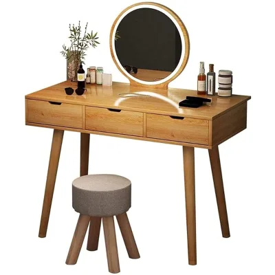 Penteadeira with LED Mirror Light Solid Wood Vanity Table Composes Table Set with Adjustable Brightness and 3 Drawers