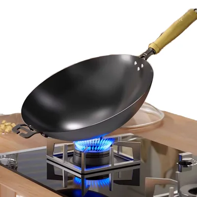 32cm Non-Stick Premium Iron Wok Wood Handle 10L Capacity Stainless Steel Cover Gas Induction Compatible Eco-Friendly Kitchen