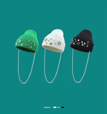 Customizable Winter Beanie with Logo High Quality Knitted Hats Chain Rhinestone Casual Scene Ear Protection Adults Beach Unisex
