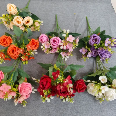 Rose Combination Simulation Flower Decorate the Wedding Hotel Colorful Faux Flower Rose Bouquets Decoration
