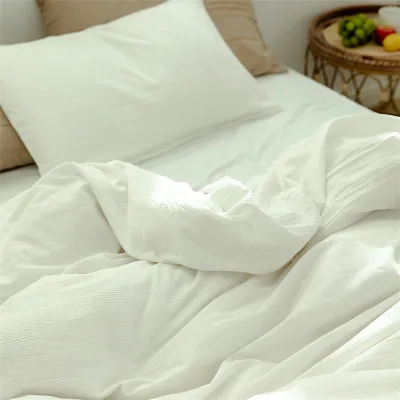 White Crinkle Washed Cotton Bedding Set, Soft Breathable Minimalist Bed Sheet Duvet Cover Set