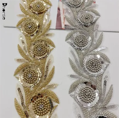 Wholesale Luxury Metallic Gold and Silver 3d Sequins Beaded Lace Trim for Garment