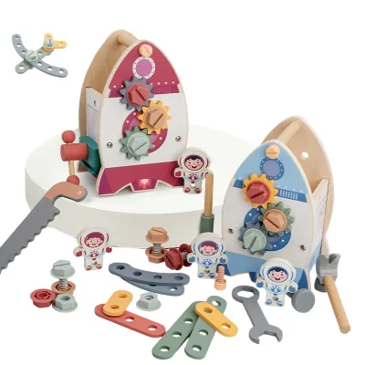 Wooden Rocket Toolbox Montessori Screw and Nut Toy for Toddlers Educational Disassembly Learning Set Wholesale