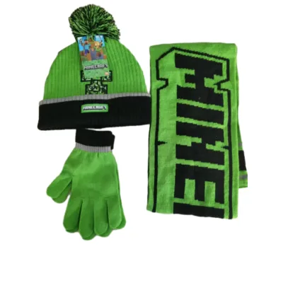 Winter Kids Green Sport  Hat Scarf  Gloves Set Pom Pom Hat Scarf Glove Set