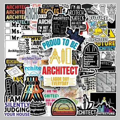 50pcs Factory Direct Architect Themed Industrial Elements Creative Cartoon PVC Decal Stickers for Notebook Computer & Fridge