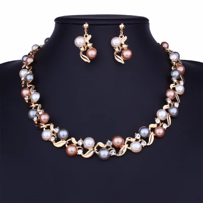 Colorful Pearl Necklace Party Bridal Jewelry Set Silver Gold Color Earrings Wholesale Wedding Jewelry Set