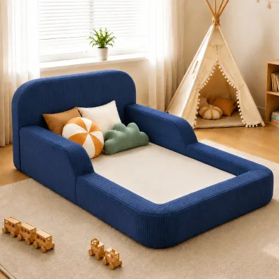 Montessori Toddler Floor Sofa Bed Low Profile Upholstered High Density Foam Kids Foam Bed with Safety Bumpers for Kids Bedroom