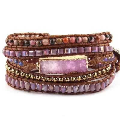 Fashion Magnetic Beaded Handmade Bracelet Amythst Natural Stones Square Crystal Purple Druzy Charm 5 Strands Wrap Bracelets