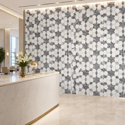 White Gray Hexagon Diamond Natural Stone Mosaic Tile Geometric Decorative Wall Tile for Hotel Villa Spa Feature Wall