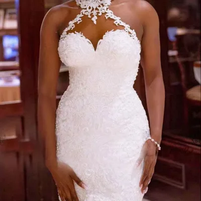 Halter Neck Satin Beading Plus Size Mermaid Wedding Dresses Arab Style Bridal Gowns