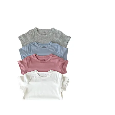 2024 Summer Solid Color All-match Round Neck T-shirt for Boys and Girls Baby Boneless Comfortable Short Sleeve Seamless Top