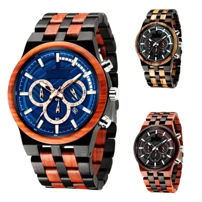 Luxury Luminous Big Face Chronograph Men Wooden Watch Private Label Date Holz Uhr