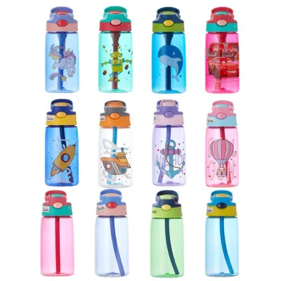 Children's Leak-Proof Straw Water Bottle with Lid Eco-Friendly Plastic PC Material Cartoon Design for Outdoor Use