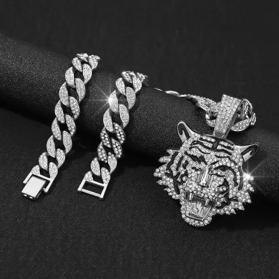Men's New Hip-Hop Style European Alloy 3D Tiger Pendant Cuban Necklace Chain Streetwear Jewelry