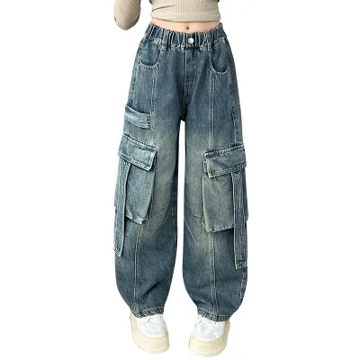 Girls' Big-Pocket Denim Cargo Pants Spring/Autumn Solid Color Loose Cropped Pants for Older Kids